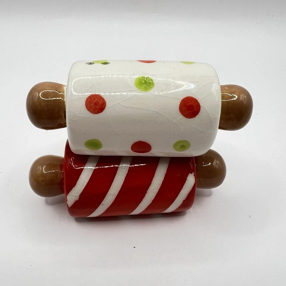 Rolling Pin Salt and Pepper Shakers Red White Green Ceramic Polka Dot Striped 3